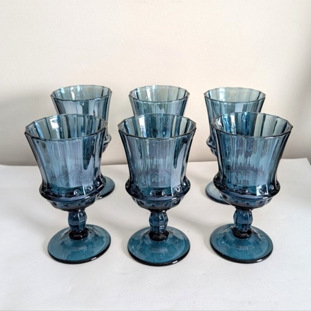 Set of Six Mid Century Smoky Blue Water/Wine Goblets